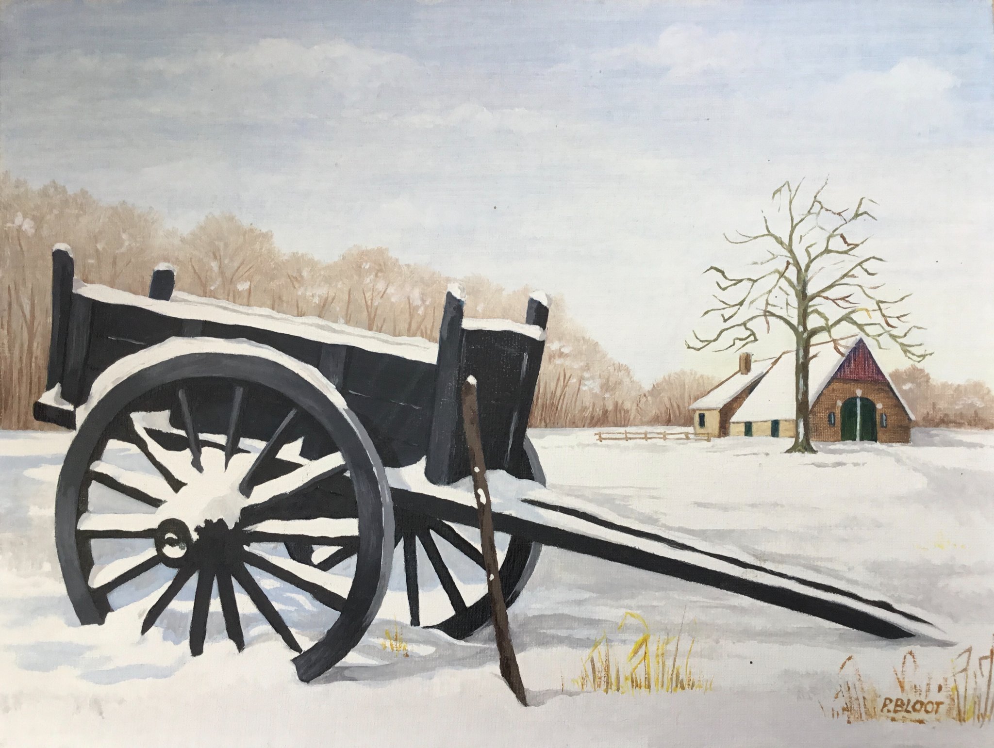 Piet Bloot - Kar in sneeuw voor een boerderij, acryl op doek