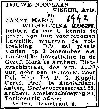 Huwelijksadvertentie Douwe Nicolaas Visser & Janny Maria Wilhelmina Kunst, 1942