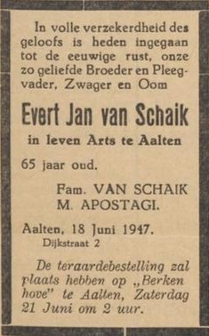 E.J. van Schaik, arts te Aalten overleden - Aaltensche Courant, 20-06-1947