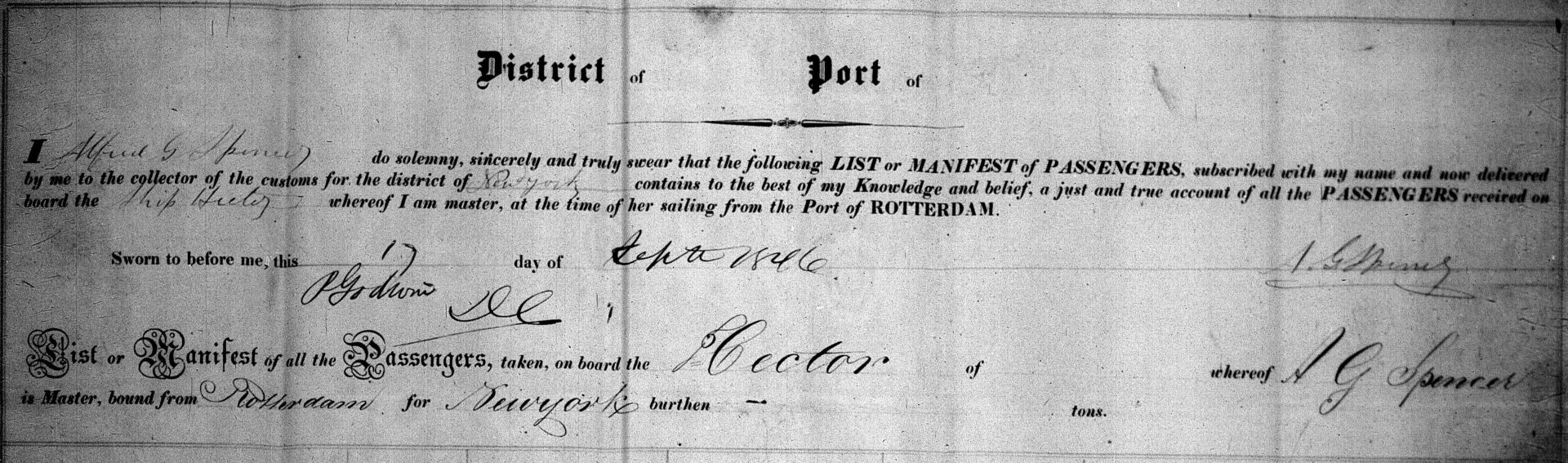 Kop van de passagierslijst van de Hector, Rotterdam–New York, 1846