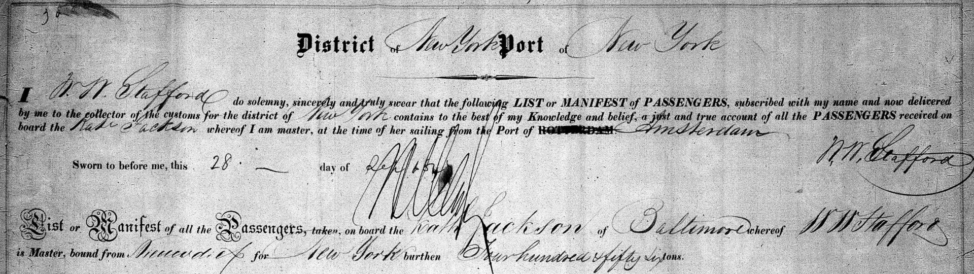 Kop van de passagierslijst van de Kath Jackson, Amsterdam–New York, 1847