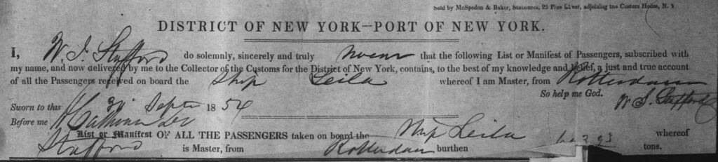 Heading of the Leila's passenger list, Rotterdam–New York, 1854