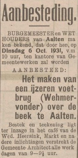 Aanbesteding Wehmervonder, Aalten - Aaltensche Courant, 29 september 1931