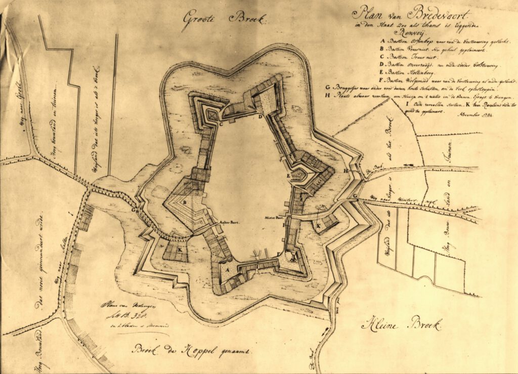 The fortifications around Bredevoort in 1784, with the ravelin ‘De Halve Maone’ at the bottom left (K)